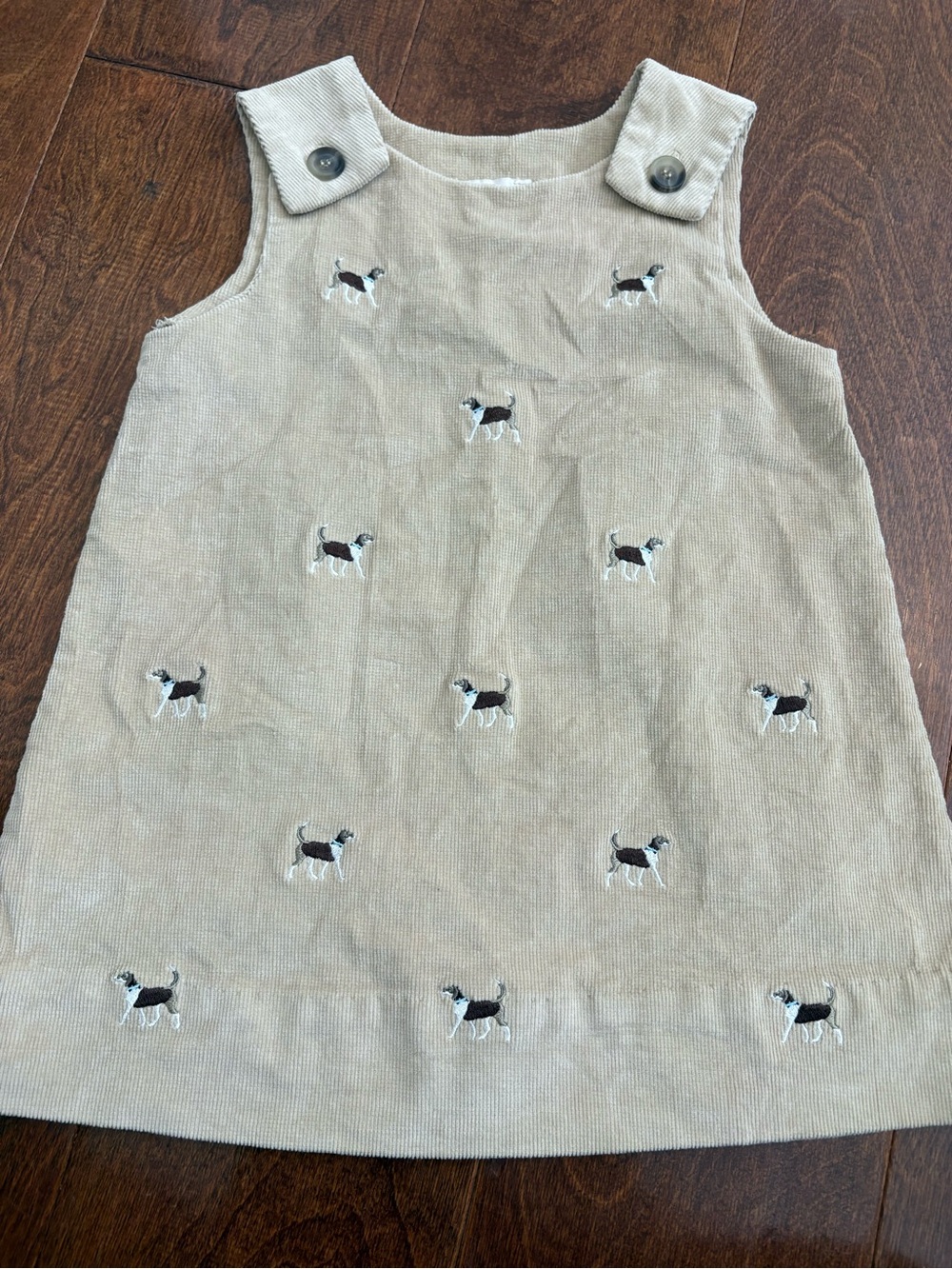 The Beaufort Bonnet Company Tan Corduroy Dress with Black & White Dog Embroidery